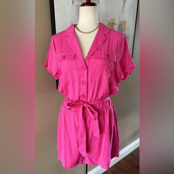 Pants - Hot pink button down romper with belt